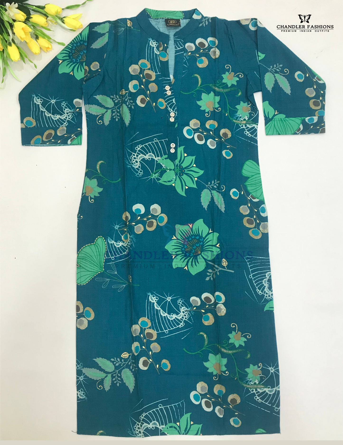 Appealing Peacock Blue Color With Printed Work Cotton Kurti For Girls