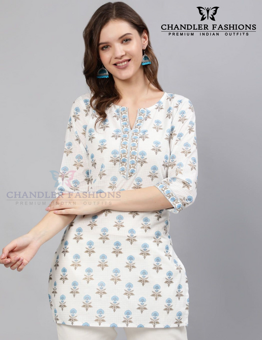Pleasing White Color Cotton With Printed Work Short Kurti For Women