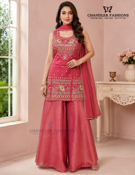 Attractive Rani Pink Color Silk With Embroidery Work Sharara Suits With Dupatta For Women
