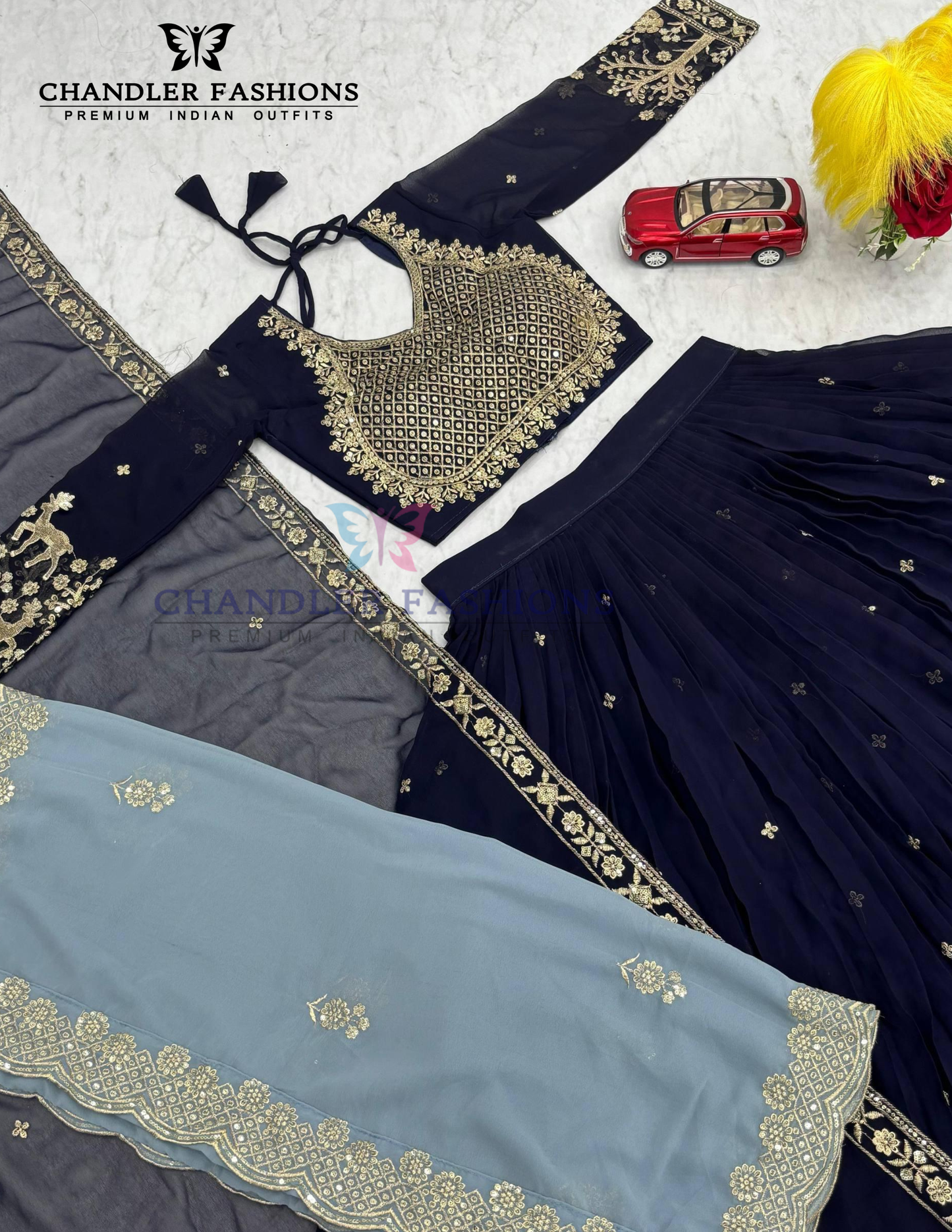 Dark Blue Color Embroidery Work With Georgette Lehenga Choli In Suncity