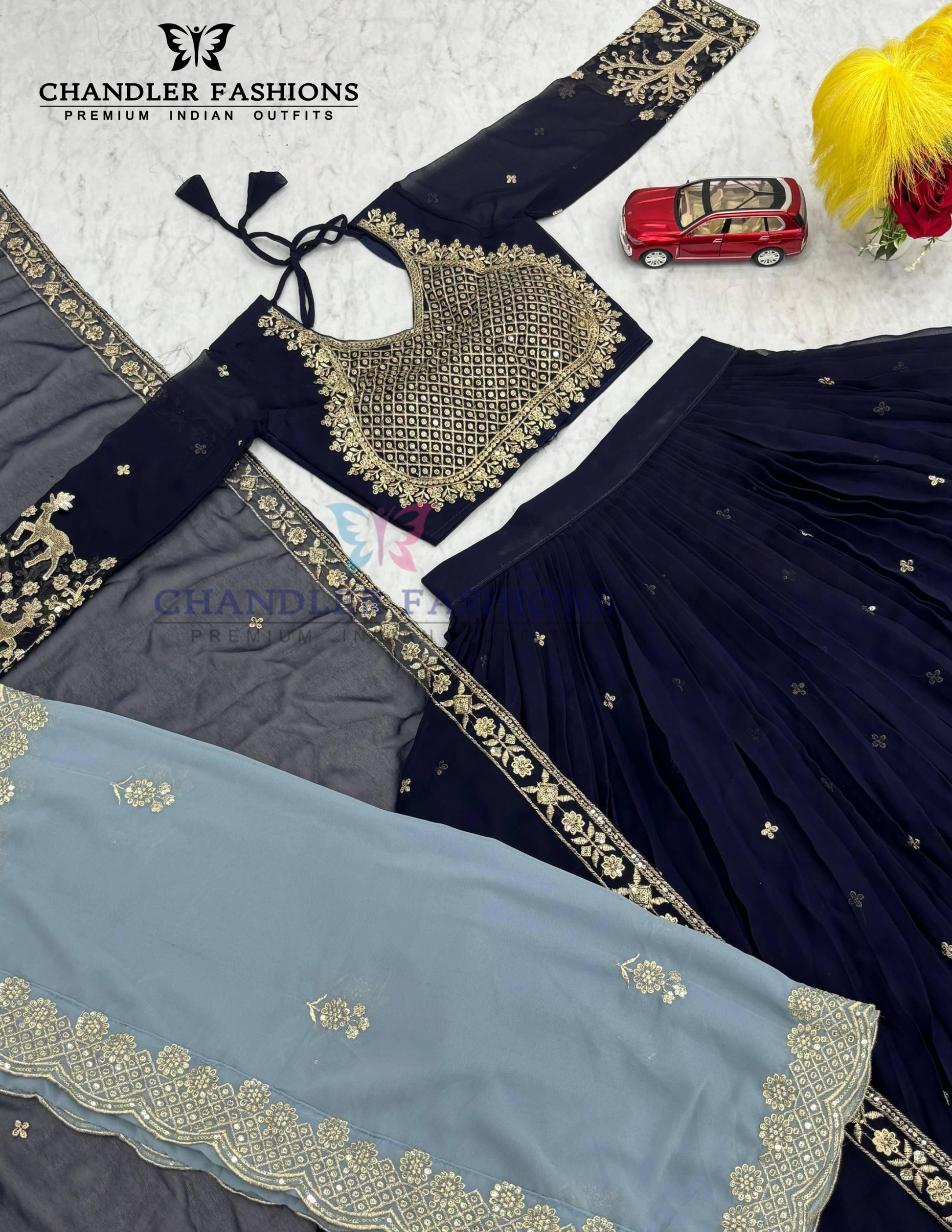 Dark Blue Color Embroidery Work With Georgette Lehenga Choli In Suncity