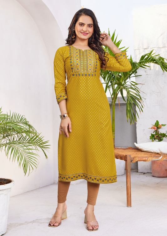 Appealing Mustard Yellow Color Rayon Kurti With Embroidery Work