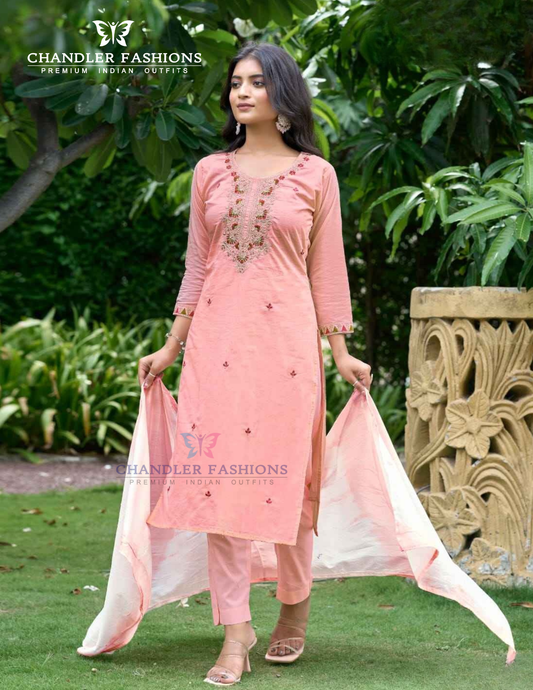 Alluring Peach Color Cotton With Embroidery Work Salwar Suits For Women