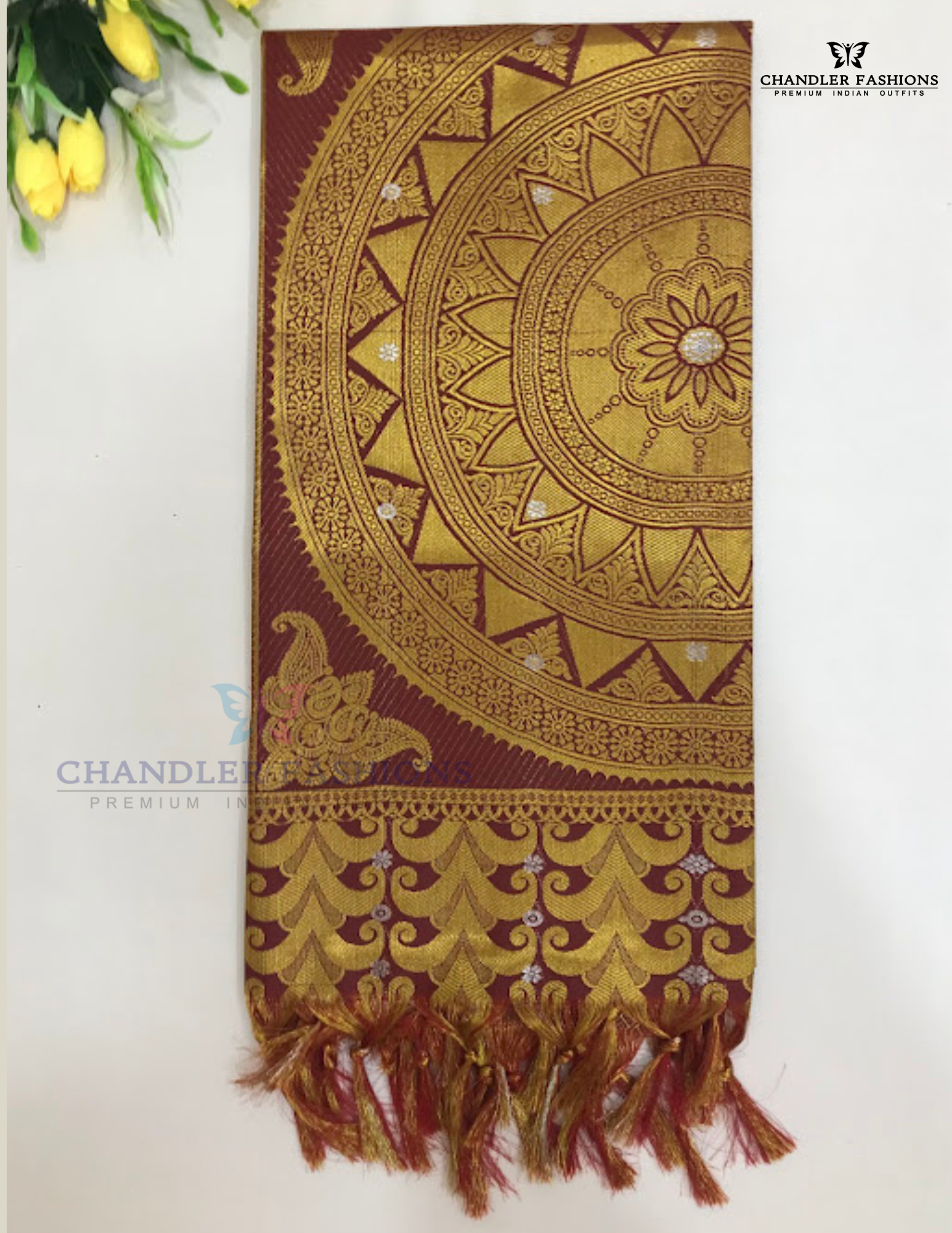 Alluring Maroon Color Silk Shawl With Golden Zari Work (Ponnadai) For Guest