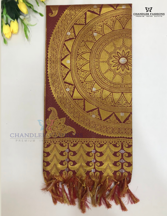 Alluring Maroon Color Silk Shawl With Golden Zari Work (Ponnadai) For Guest