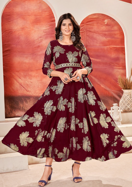 Heavenly Maroon Color Sequins Embroidery With Faux Georgette Kurti