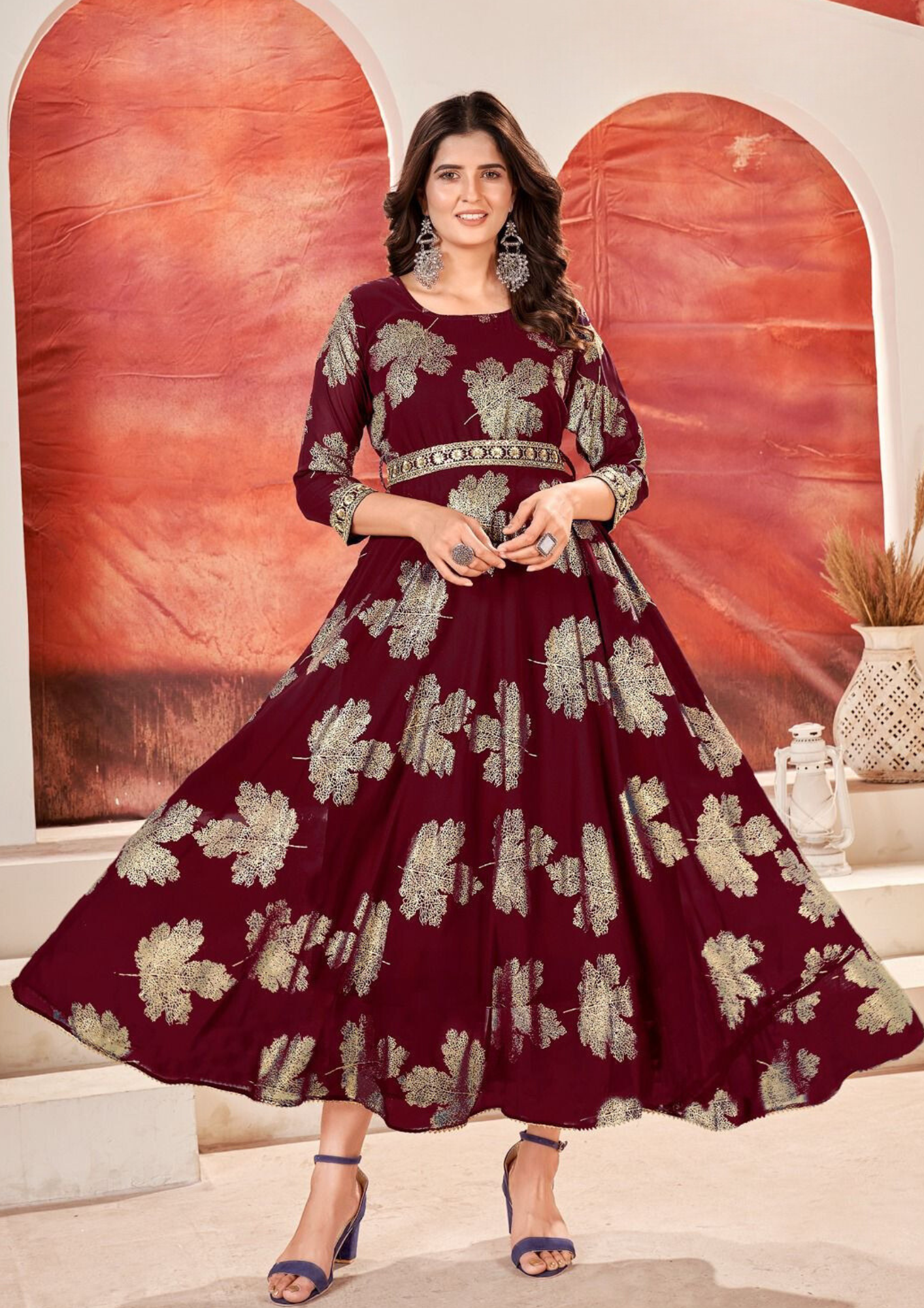 Alluring Maroon Color Leaf Design Sequins Embroidery With Faux Georgette Kurti