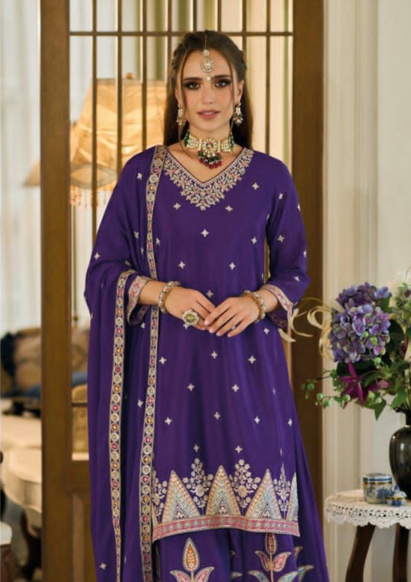 Lovely Violet Color Chinon Designer Palazzo Suits Near Me