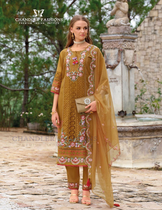 Amazing Mustard Yellow Color Organza With Embroidery Work Salwar Suits For Women