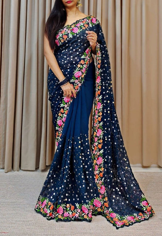 Appealing Teal Blue Color Embroidery Thread Work Party Wear Georgette Saree For Women