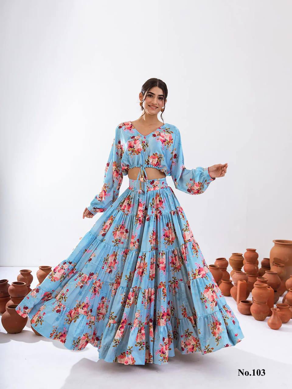 Elegant Gray Color Floral Printed Tier Lehenga With Crop Top In Near Me