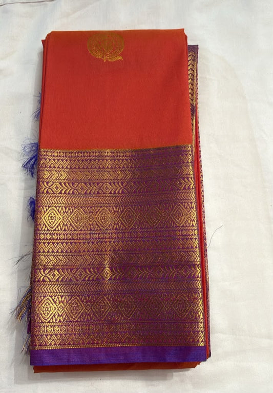 Beautiful Orange And Purple Color Art Silk Saree With Gold Zari Work Border For Women