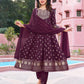 Attractive Wine Colored Rayon Foil Printed Embroidery And Sequins Work Salwar Suits