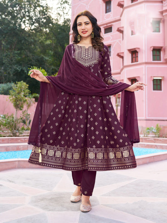 Attractive Wine Colored Rayon Foil Printed Embroidery And Sequins Work Salwar Suits