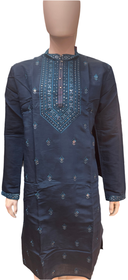 Marvelous Sea Blue Color With Cotton Embroidery Work Kurta Suits For Men
