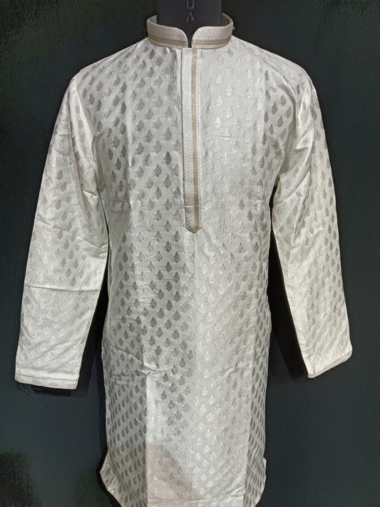Delightful White Colored Silver Zari Work Kurta Pajama Sets For Men