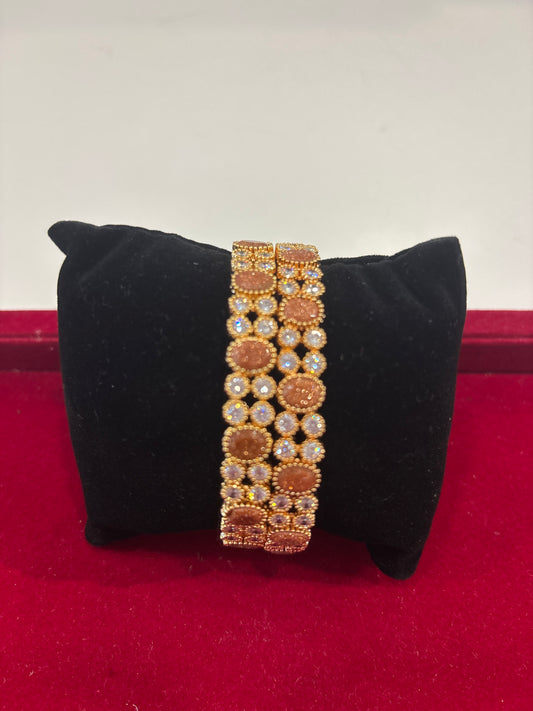 Attractive Gold Plated White And Peach Stones Bangles For Women