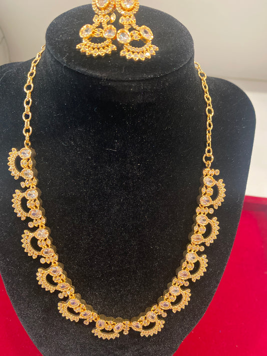 Beautiful White Stones  Gold Plated Necklace With Earrings Set