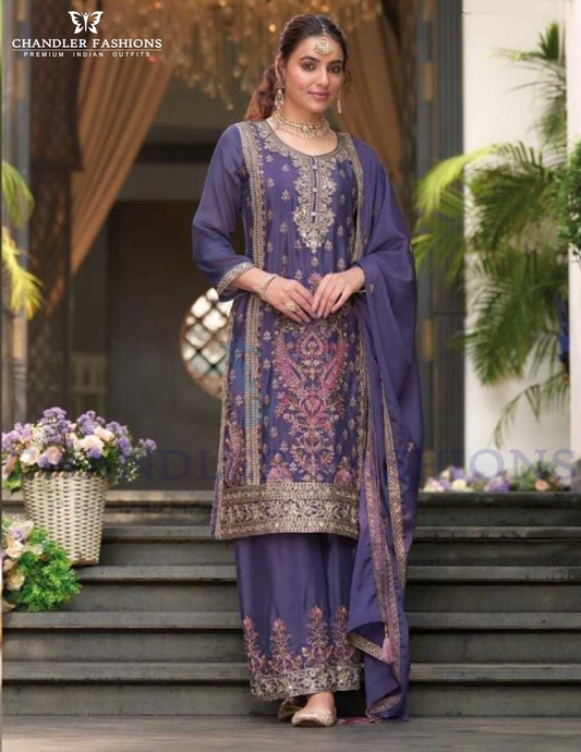 Graceful Purple Color Chinon With Embroidery Work Palazzo Suits For Women