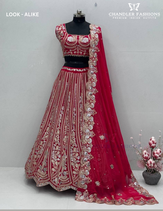 Wonderful Red Color Heavy Faux Georgette Sequins Work Lehenga Choli For Women