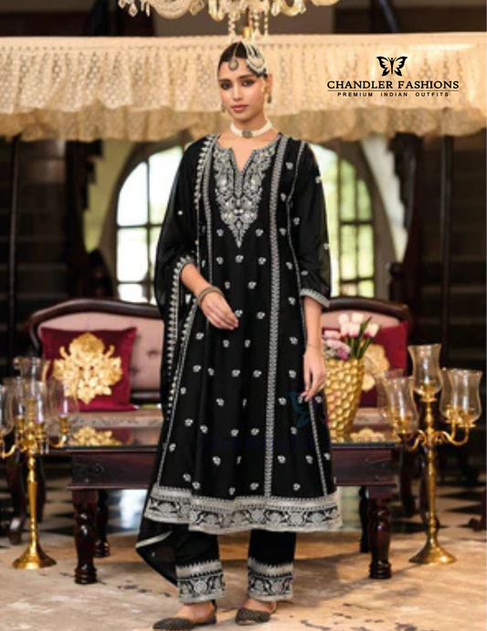 Stunning Black Color Heavy Chinon With Embroidery Work Salwar Suits