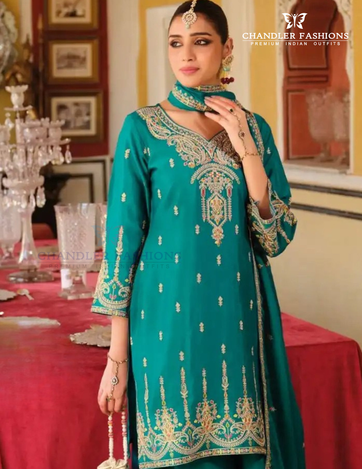 Teal Green Color Chinon Embroidery Work Kurti Palazzo Pant With Dupatta Near Me