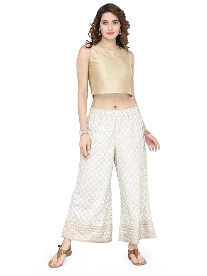 Beautiful White Palazzo Pants With Golden Myka Print