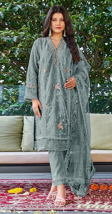 Amazing Gray Colored Georgette With Embroidery Work Salwar Suits For Women