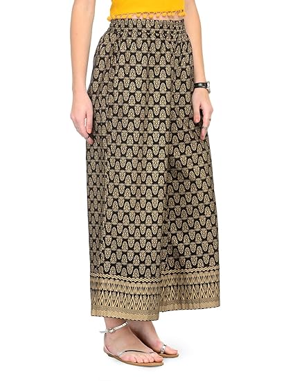 Bright Black Palazzo With Golden Myka Pattern Print In USA