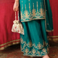 Teal Green Color Chinon Embroidery Work Kurti Palazzo Pant With Dupatta In USA
