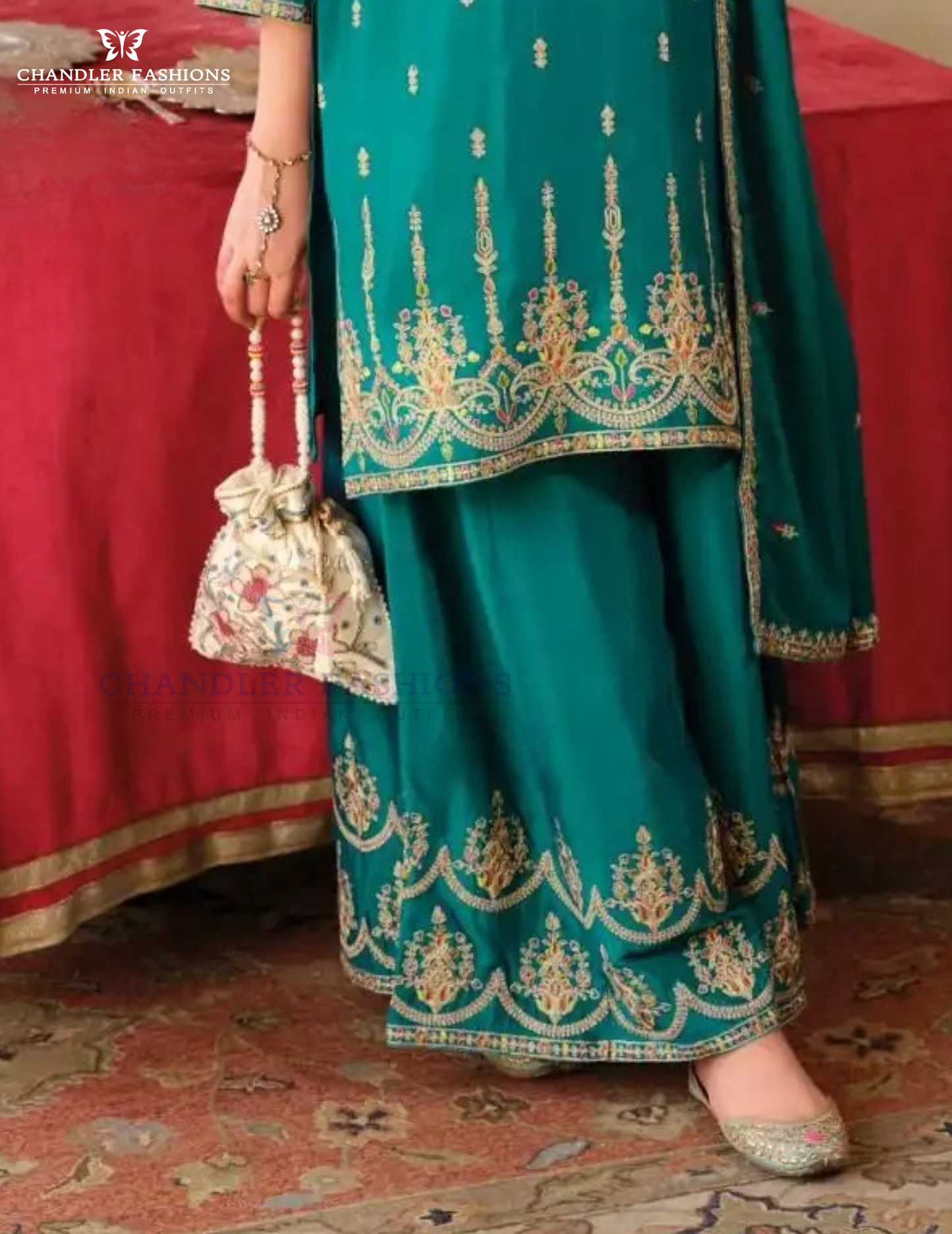 Teal Green Color Chinon Embroidery Work Kurti Palazzo Pant With Dupatta In USA