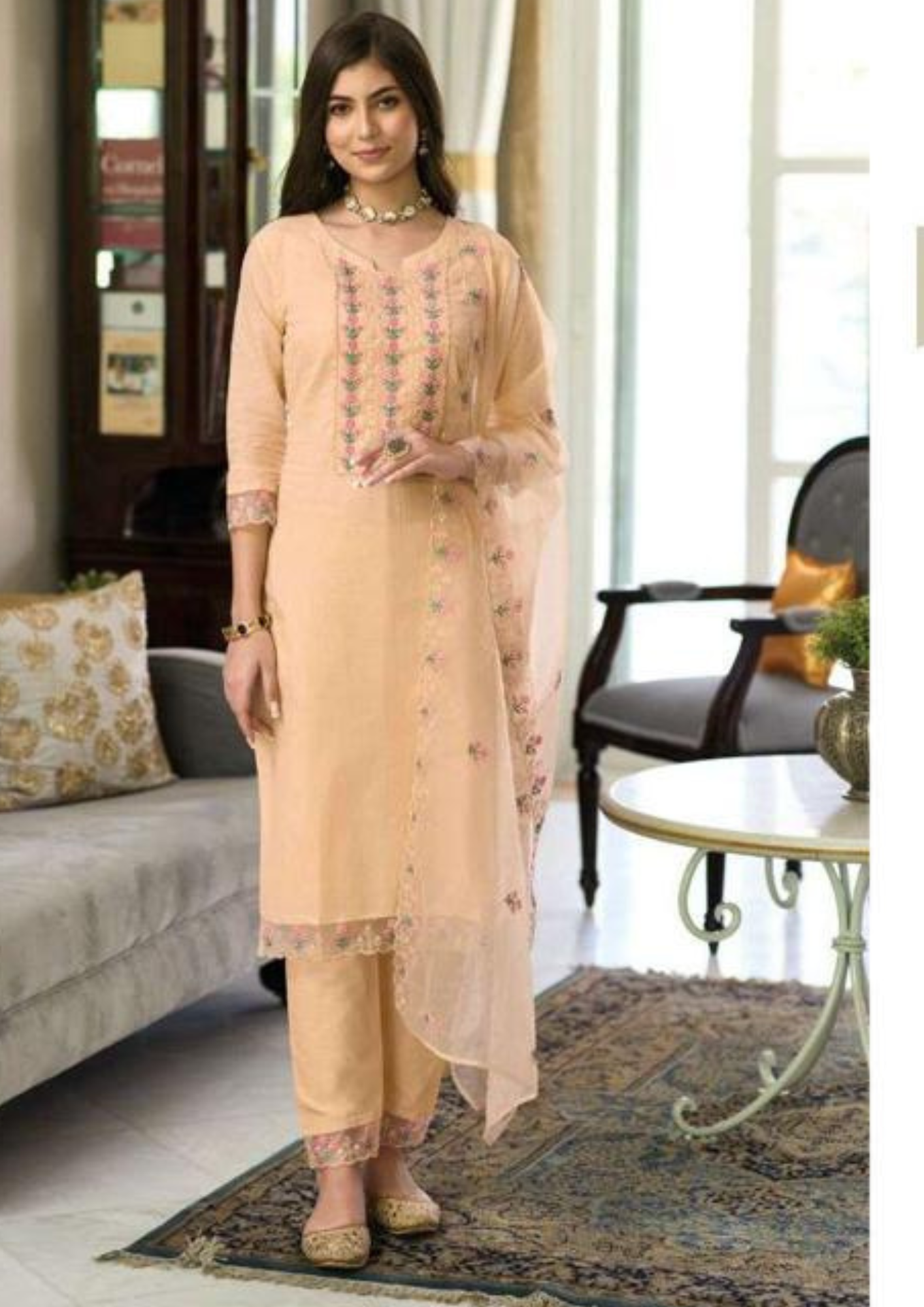 Gorgeous Orange Color Fancy Embroidery Work Kurti With Dupatta