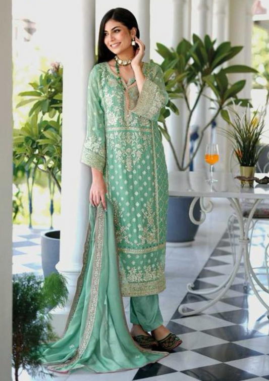 Attractive Green Color Heavy Silk Embroidery Salwar Suits With Dupatta