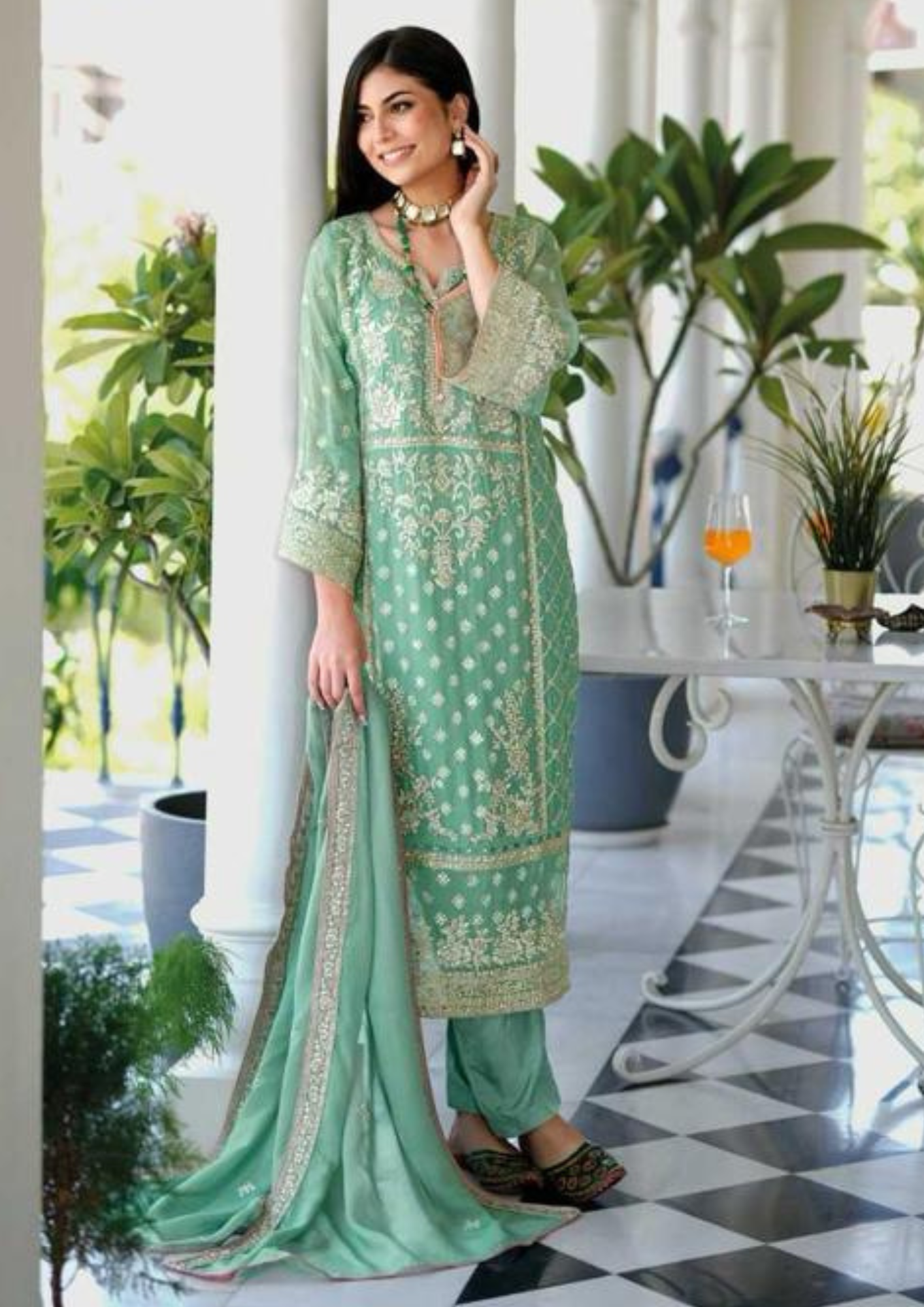 Attractive Green Color Soft Organza Embroidery Salwar Suits With Dupatta