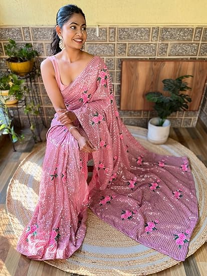 Appealing Pink Colored Georgette Designer And Sequins Work Party Wear Saree For Women Near Me
