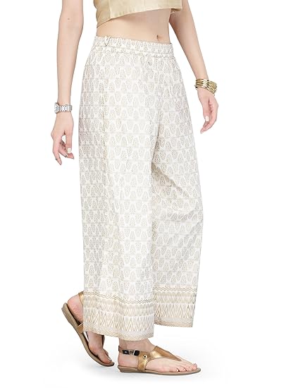 White Palazzo Pants With Golden Myka Print In USA