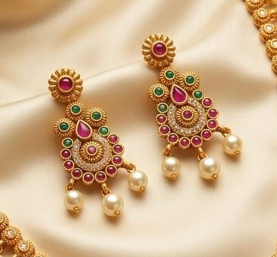 Dazzling Pink Stones With Pearl Hangings Gold Plated Necklace With Earrings For Women