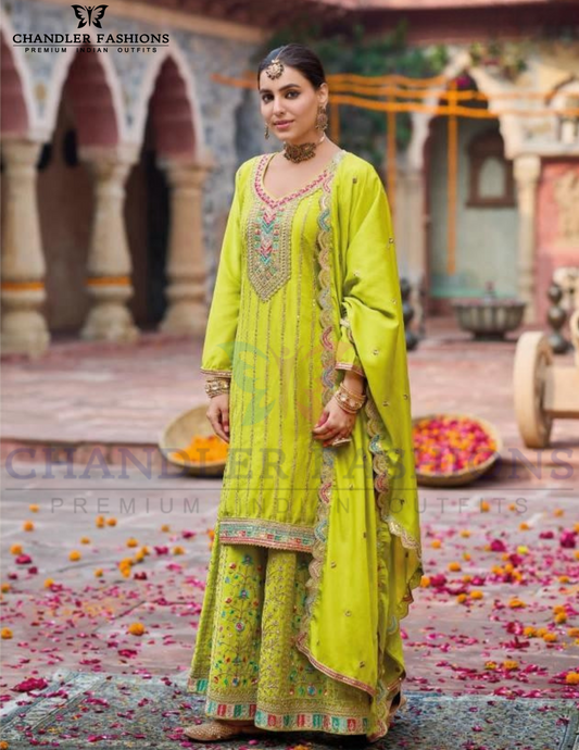 Elegant Lime Green Color Chinon With Embroidery Work Palazzo Suits For Women
