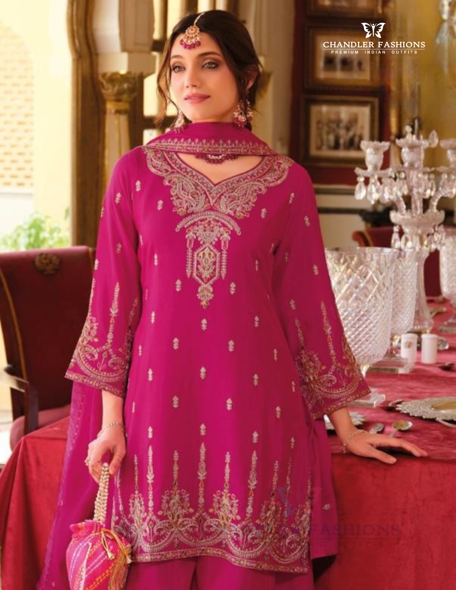 Pink Color Chinon Embroidery Work Kurti Palazzo Pant With Dupatta Near Me