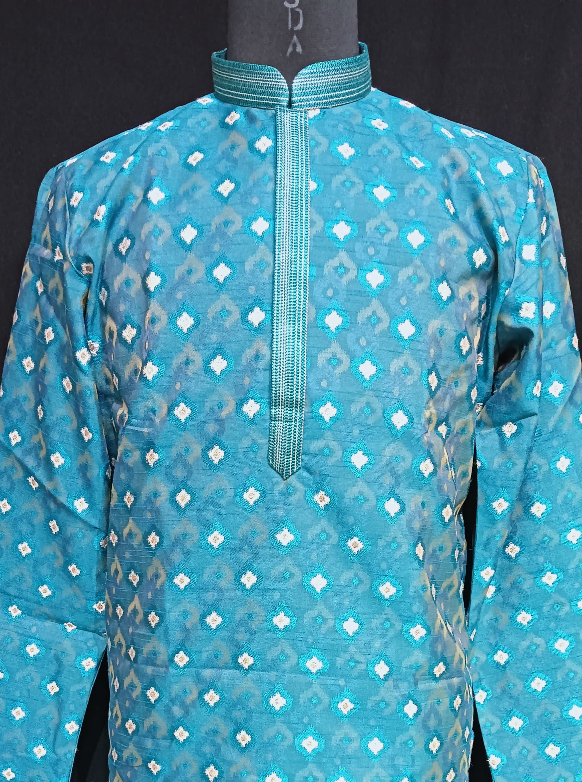 Charming Skyblue Color Thread Embroidery Work Kurta And Pajama With Linning For Men Near Me