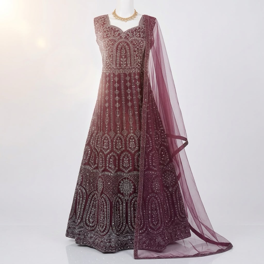 Stunning Wine Color Georgette Silk With Silver Embroidery And Sequins Work Anarkali Gown For Women
