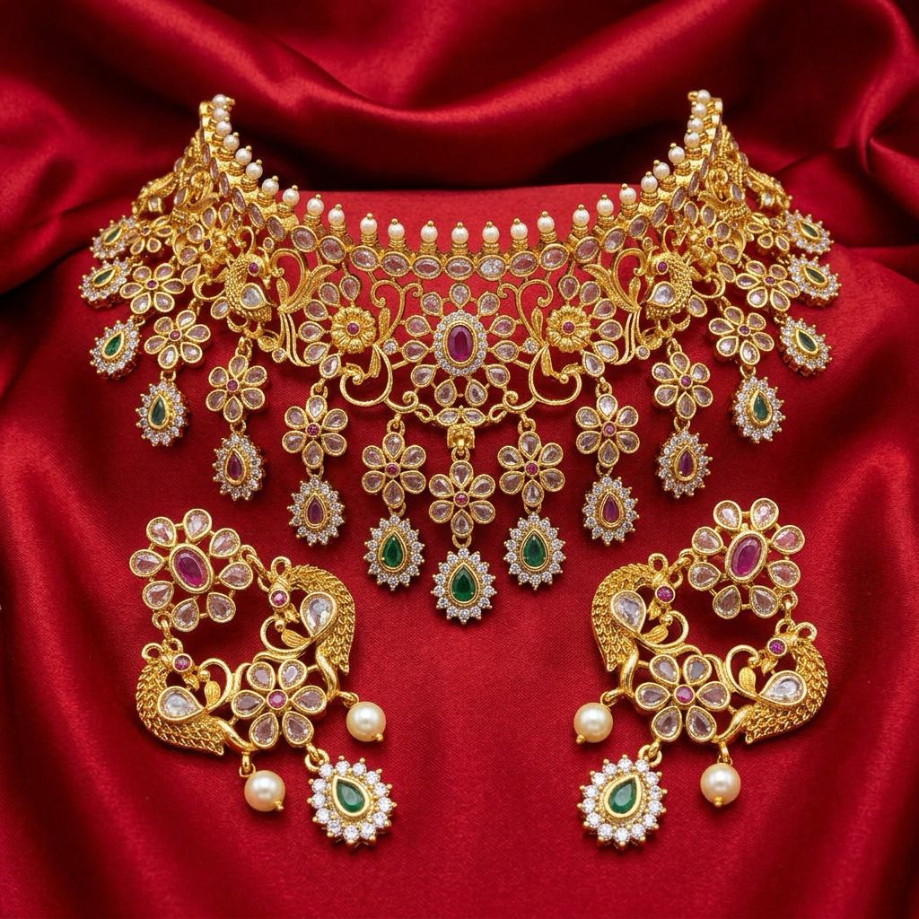 Dazzling Green And Red Stones Gold Plated Necklace With Earrings For Women