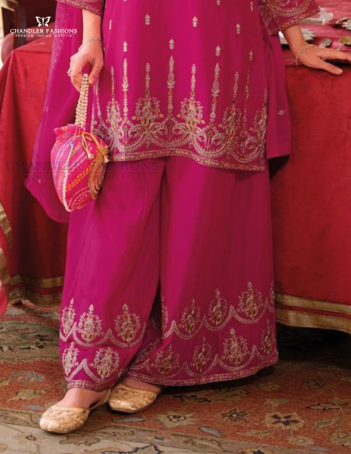 Pink Color Chinon Embroidery Work Kurti Palazzo Pant With Dupatta In USA