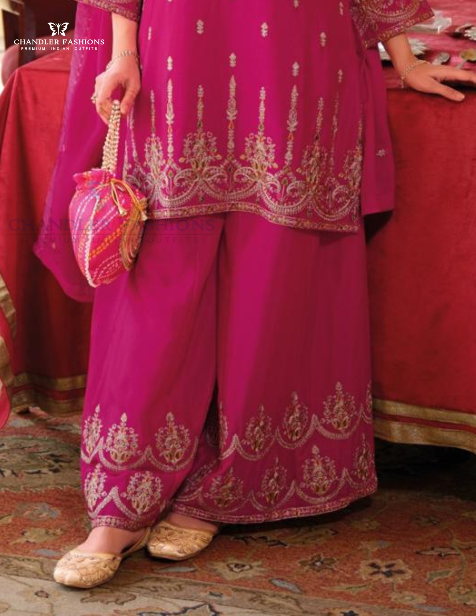 Pink Color Chinon Embroidery Work Kurti Palazzo Pant With Dupatta In USA