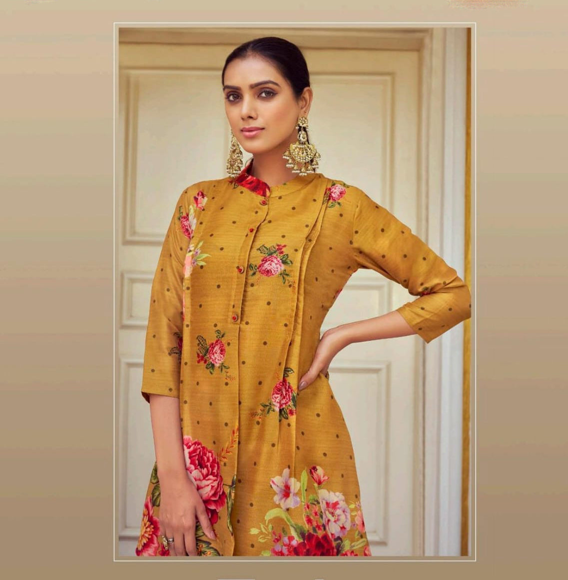 Elegant Mustard Yellow Tusser Silk Floral Design Kurti With Pant For Women Near Me