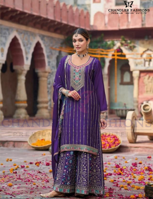 Decorative Purple Color Chinon With Embroidery Work Palazzo Suits For Women
