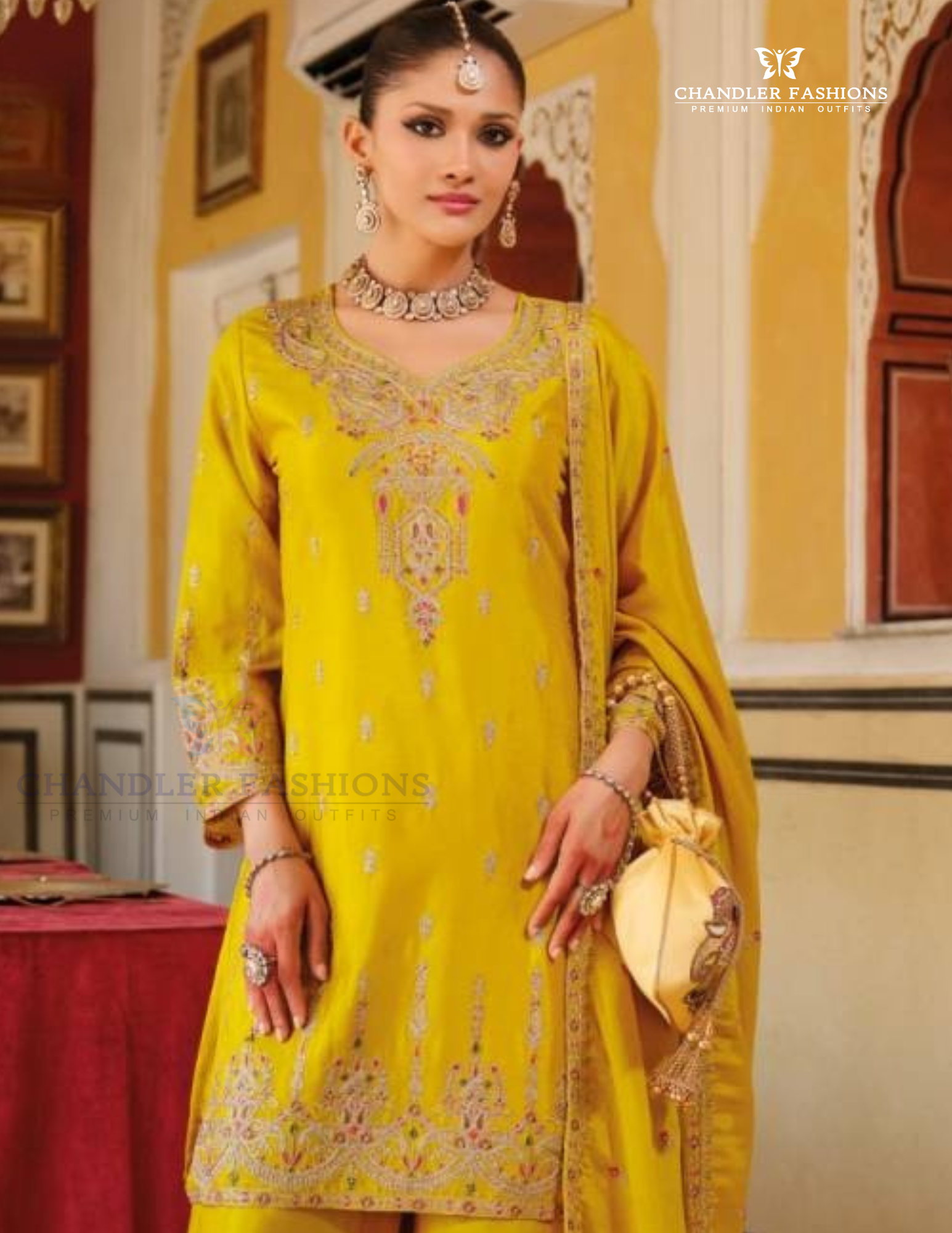 Yellow Color Chinon Embroidery Work Kurti Palazzo Pant With Dupatta Near Me