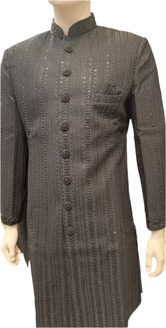 Premium Designer Vivaah Hand Embroidery Silk Sherwani Suit For Men - Black