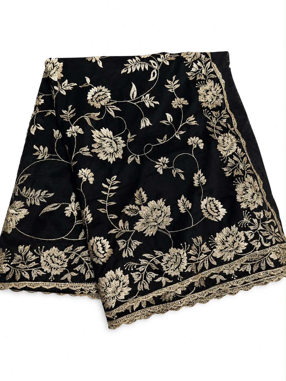 Delightful Shimmer Net Fabric Black Color Saree With Gold Embroidery Work For Women