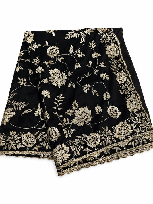 Delightful Shimmer Net Fabric Black Color Saree With Gold Embroidery Work For Women